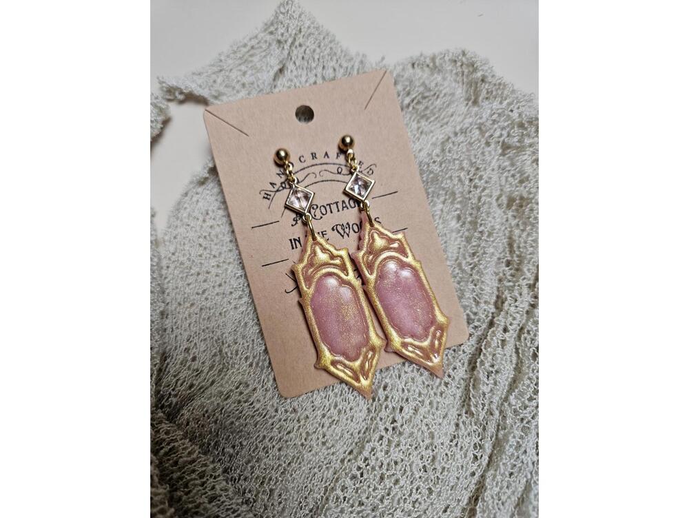 Handmade Polymer Clay Pink Gold Earrings Ornate Fairycore Cottagecore Statement